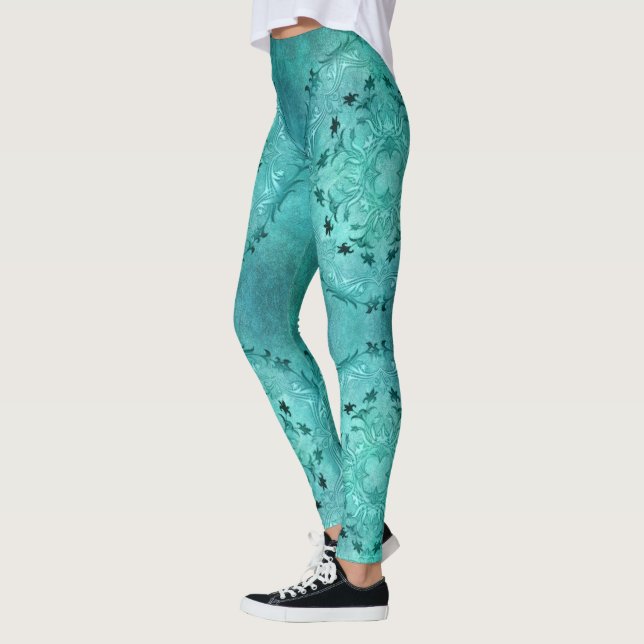 Leggings Mandala floral étnica del grunge de la turquesa (Izquierda)