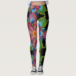 Leggings Mandalá floral, multicolor vívido sobre negro