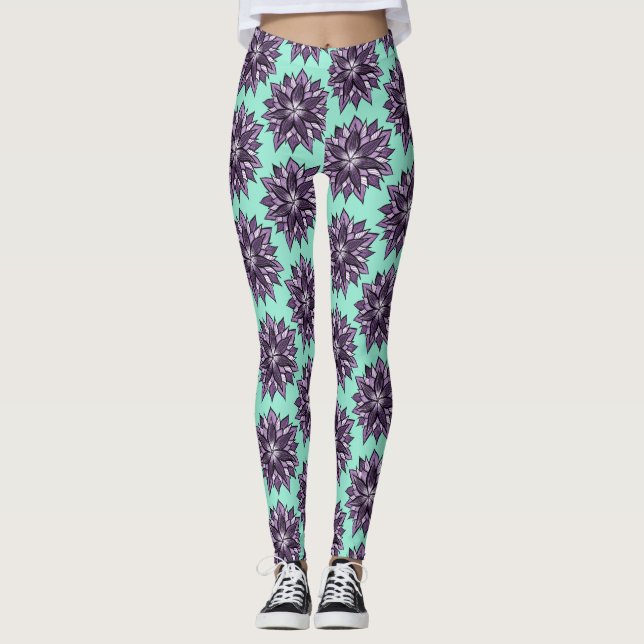 Leggings Mandala púrpura como patrón de dibujo de flores (Anverso)
