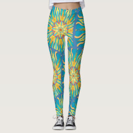 Leggings Mandala Sun Goddess, rojos amarillos en Aqua