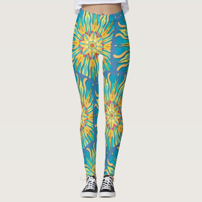 Leggings Mandala Sun Goddess, rojos amarillos en Aqua (Anverso)