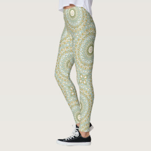 Leggings Mándala Terroso en Verde, Dorado y Azul Suave