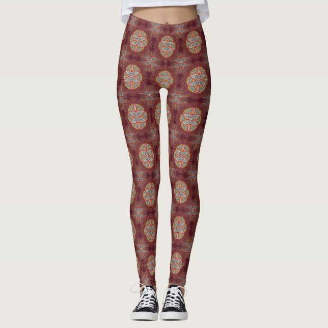 Leggings Mandalas en patrones de repetición de maroón mixto (Anverso)