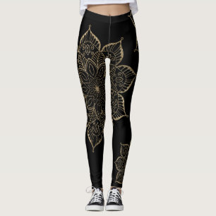 Leggings Mandalas, Purpurina de la Falso del oro, en negro