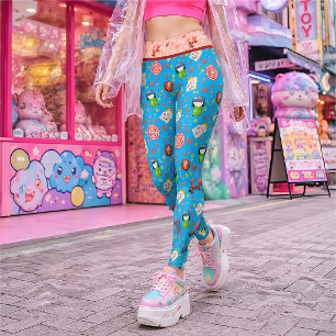 Leggings Maneki Neko Cat y Geisha japonesa retro azul
