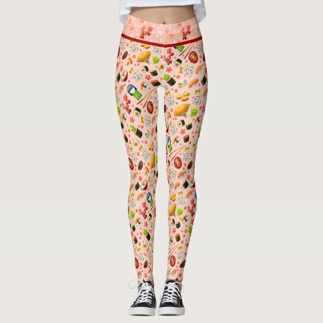 Leggings Maneki Neko japonés rosado gato y sushi (Anverso)