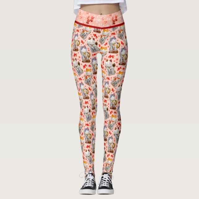 Leggings Maneki Neko japonés rosado gato y sushi (Anverso)