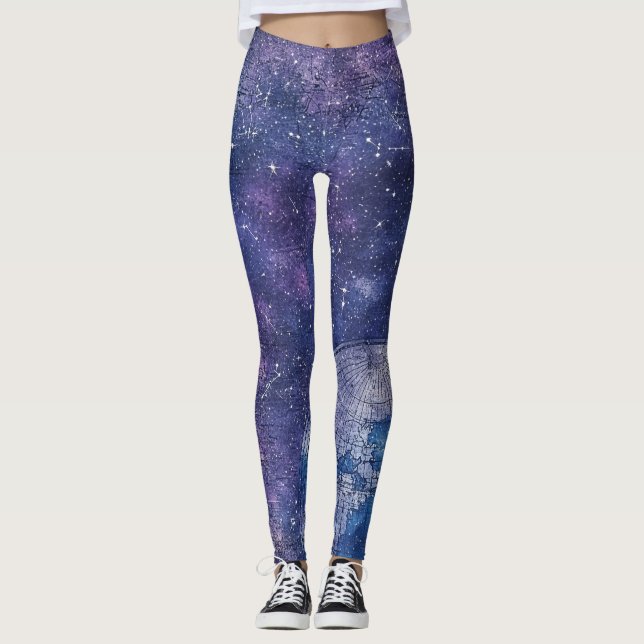 Leggings Mapa del mundo de carta de estrellas púrpura antig (Anverso)