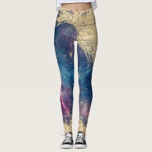 Leggings Mapa del mundo de la púrpura vintage celestial (6)