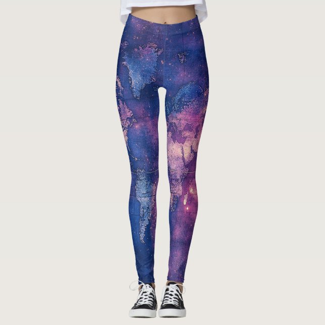 Leggings Mapa del mundo de la vieja morada celestial (10) (Anverso)