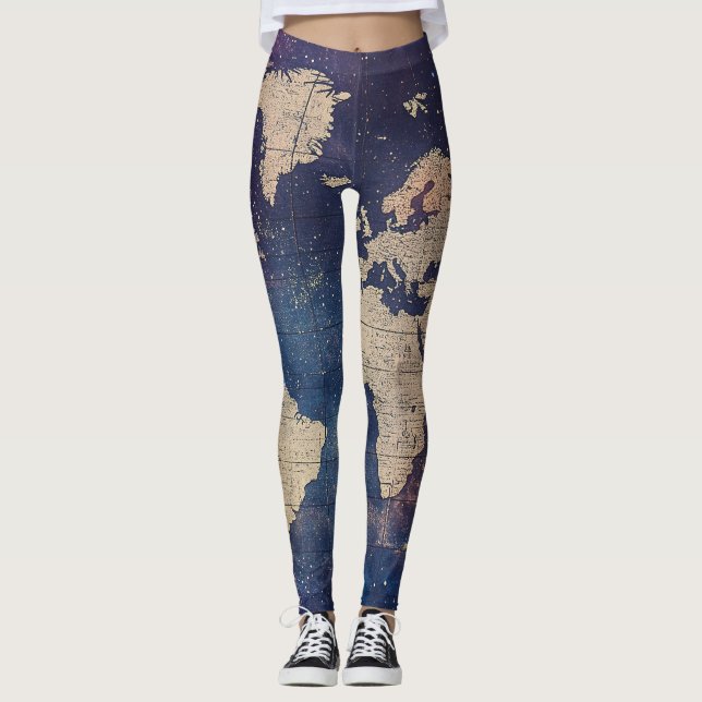 Leggings Mapa del mundo de la vieja morada celestial (11) (Anverso)