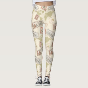 Leggings Mapa Mundial de Sellos Postales Vintage de Viaje (