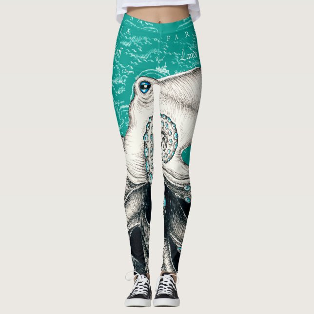 Leggings Mapa Verde azulado de cosecha de pulpo blanco (Anverso)