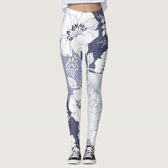 Leggings Maqueta de flores denim, patrón sin fisuras. (Anverso)