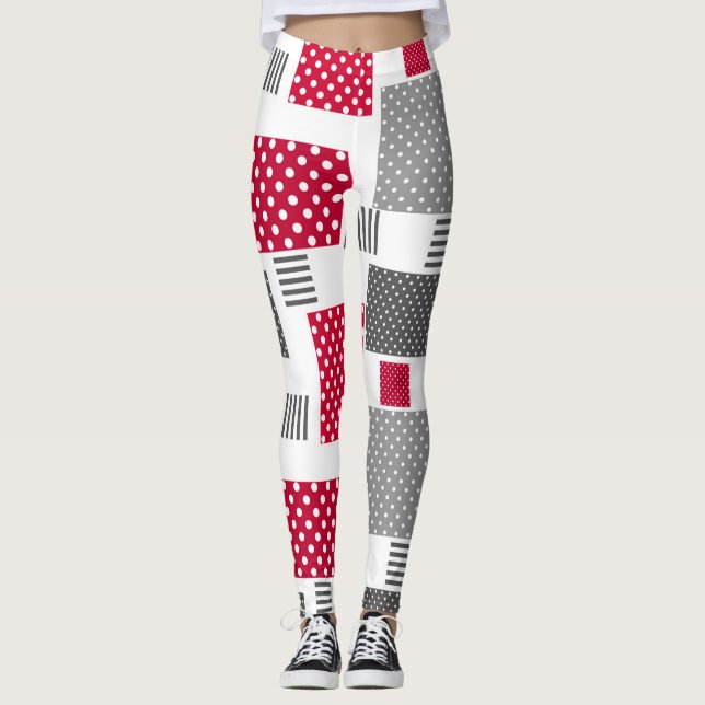 Leggings Maqueteo de puntos de polka roja gris sobre fondo  (Anverso)