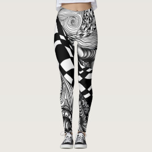 Leggings Maraña de línea blanca y negra abstracta