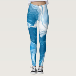 Leggings Marble de arte fluido digital azul y blanco
