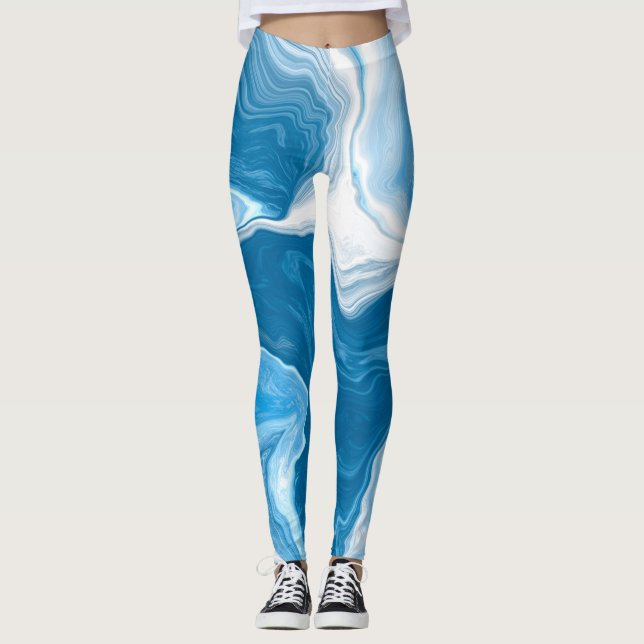 Leggings Marble de arte fluido digital azul y blanco (Anverso)
