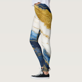 Leggings Marble de hojas de oro y azul de la marina de lujo