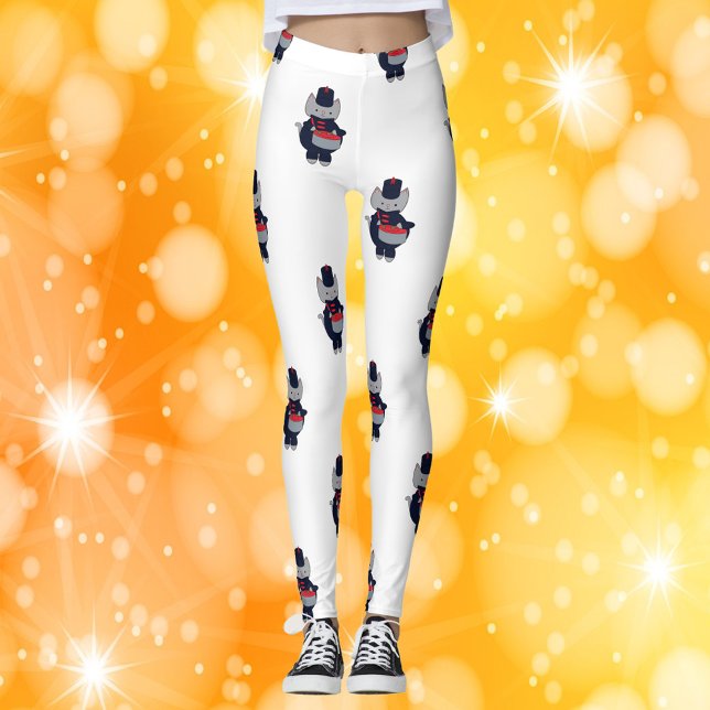 Leggings Marching Band Snare Drum Navy Blue Red (A pair of leggings featuring a pattern of gray cats wearing a navy blue & red marching band uniform.)