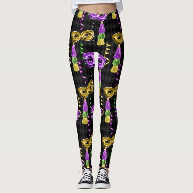 Leggings Mardi Gras Mask Pattern Gold Purple (Anverso)