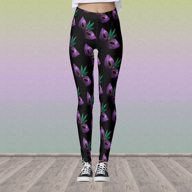 Leggings Mardi Gras Mask Purple Green Sparkly patrón negro (Subido por el creador)