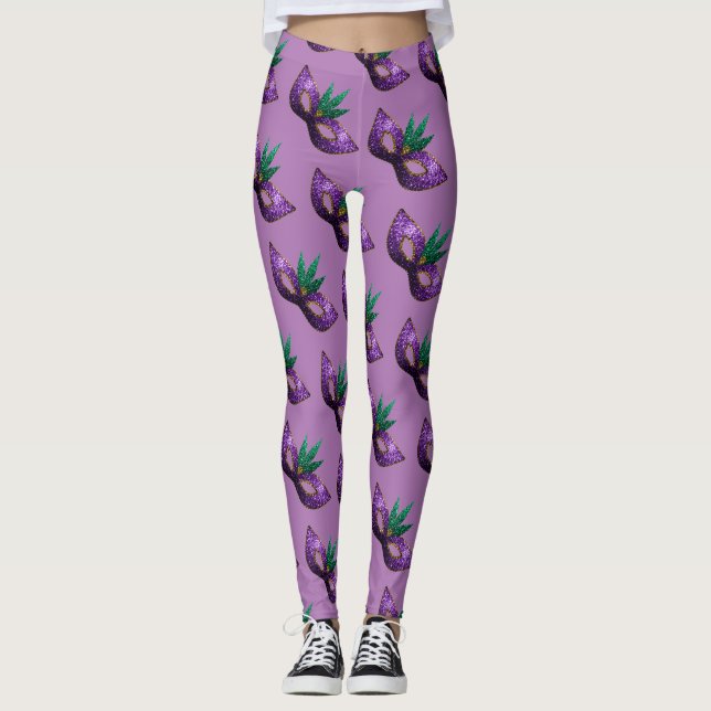 Leggings Mardi Gras Mask Purple Sparkly patrón lavanda (Anverso)
