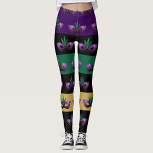 Leggings Mardi Gras Mask Sparkly Purple Green lines