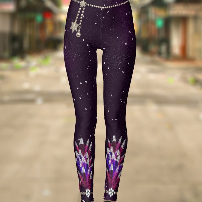 Leggings Mardi Gras Purpurina púrpura Feather Pendant Leggi (Have fun at the Mardi Gras Carnival in a pair of these faux feather pendant leggings!)