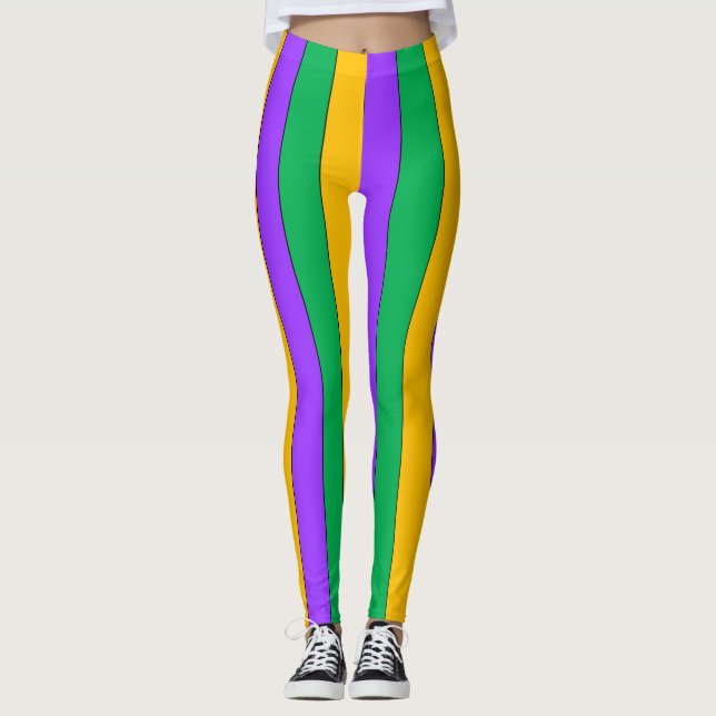 Leggings Mardi Gras Stripes Patrón Amarillo Verde Púrpura (Anverso)