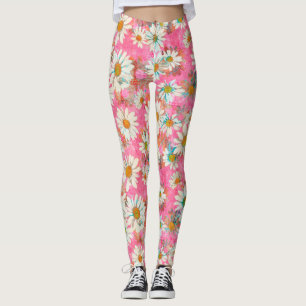 Leggings Margaritas blancas en estampado de flores rosado