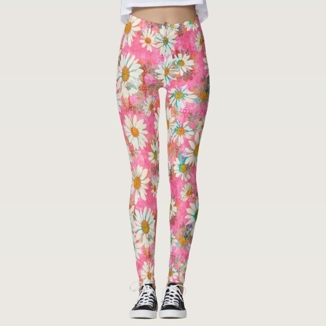 Leggings Margaritas blancas en estampado de flores rosado (Anverso)