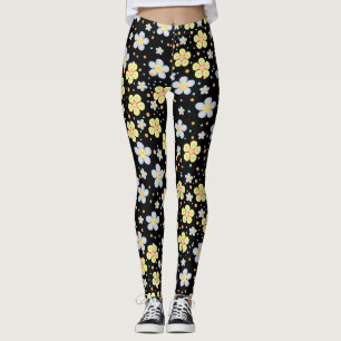 Leggings Margaritas floreciendo. Fondo negro amarillo y ros