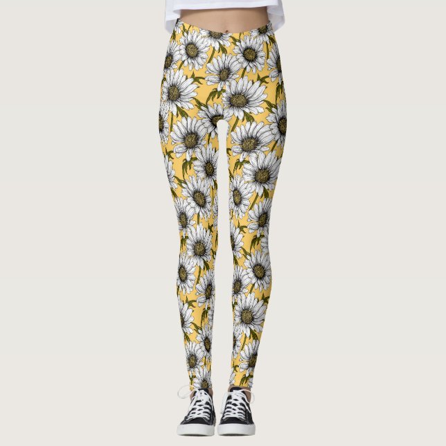 Leggings Marinas blancas, flores silvestres en amarillo (Anverso)