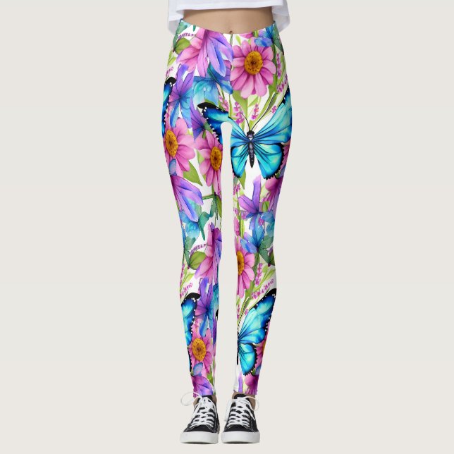 Leggings Mariposa azul en un campo de flores (Anverso)