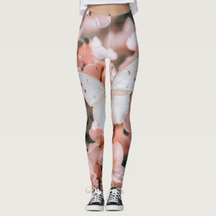 Leggings Mariposa Blanca Soñadora sobre Suaves Flores Rosad