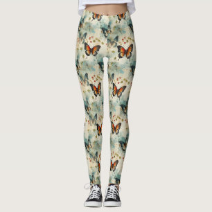 Leggings Mariposa Botánica Naranja Verde Acuarelado Vintage