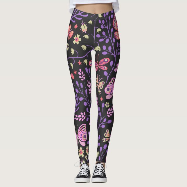 Leggings Mariposa Colorida Y Flores Rosa lindo (Anverso)