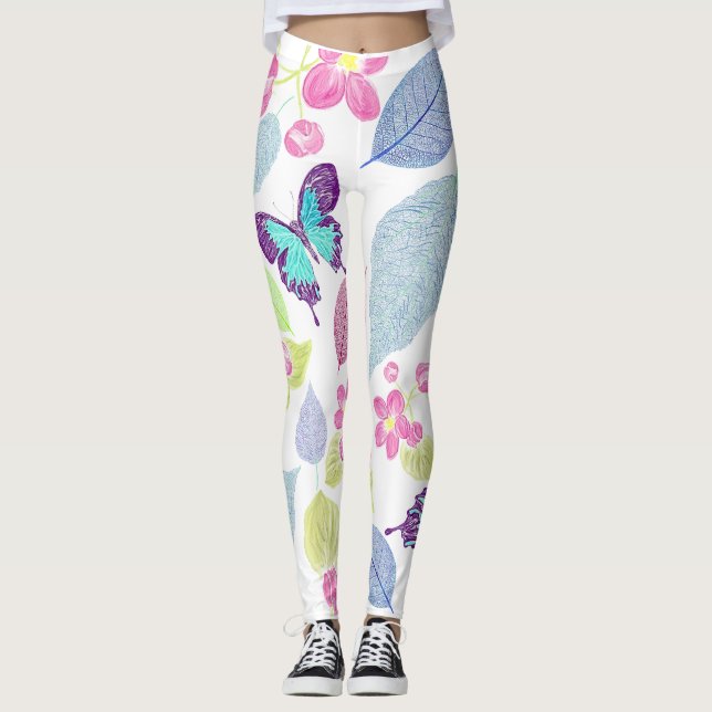 Leggings mariposa de color fresco, hojas, diseño floral (Anverso)