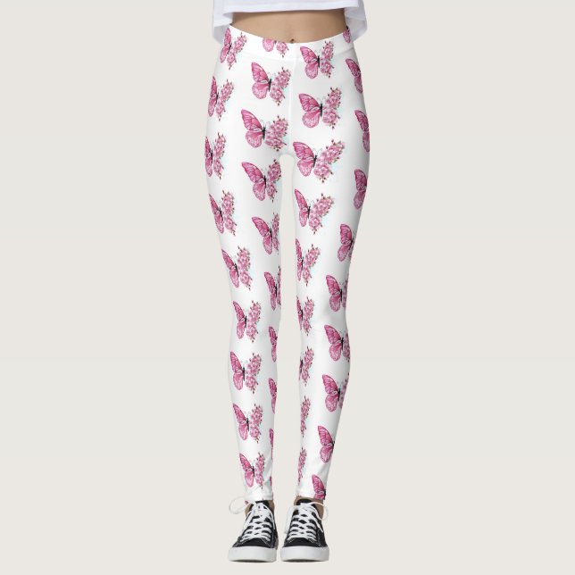 Leggings Mariposa de flores con Sakura rosa (Anverso)