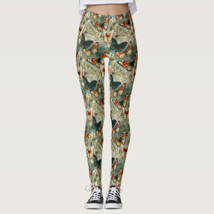 Leggings Mariposa naranja azul verdoso antigua Flor blanca