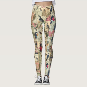 Leggings Mariposa Pájaro Vintage Periódico Botánico