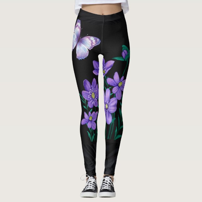 Leggings Mariposa y piernas negras de flores (Anverso)