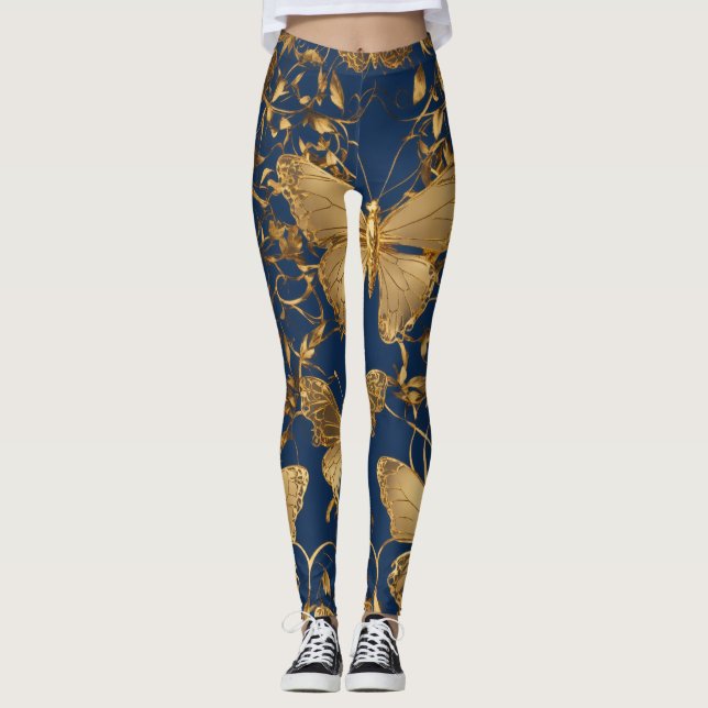Leggings Mariposas azules metálicas con vinos de oro (Anverso)