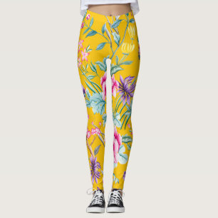 Leggings Mariposas Chinoiserie, flores de pájaros amarillas