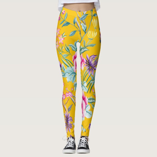 Leggings Mariposas Chinoiserie, flores de pájaros amarillas (Anverso)