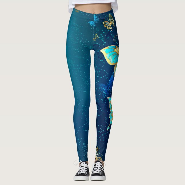 Leggings Mariposas doradas sobre fondo azul (Anverso)