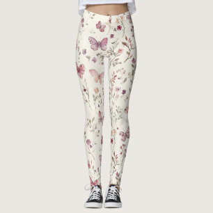 Leggings Mariposas Florales de Crema Púrpura