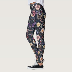 Leggings Mariposas Florales Negro Púrpura Amarillo Rosa