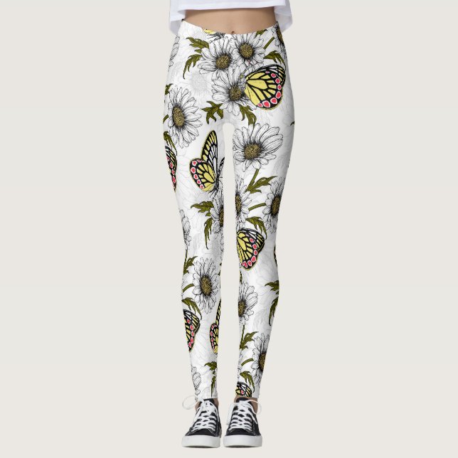 Leggings Mariposas Jezebel y flores de margarita en blanco (Anverso)